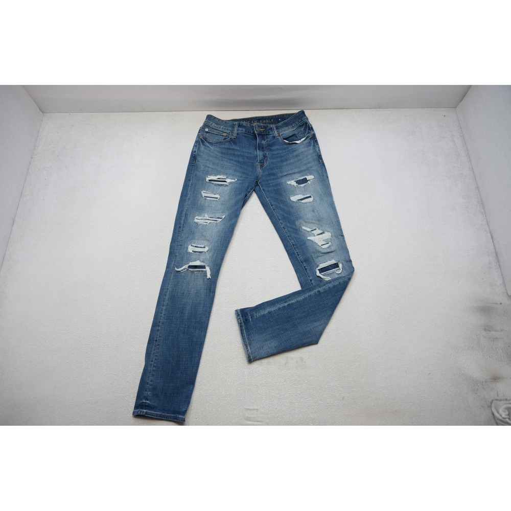 American Eagle Slim Jeans Mens 32x34 Blue Distressed Patched Flex Denim Exc